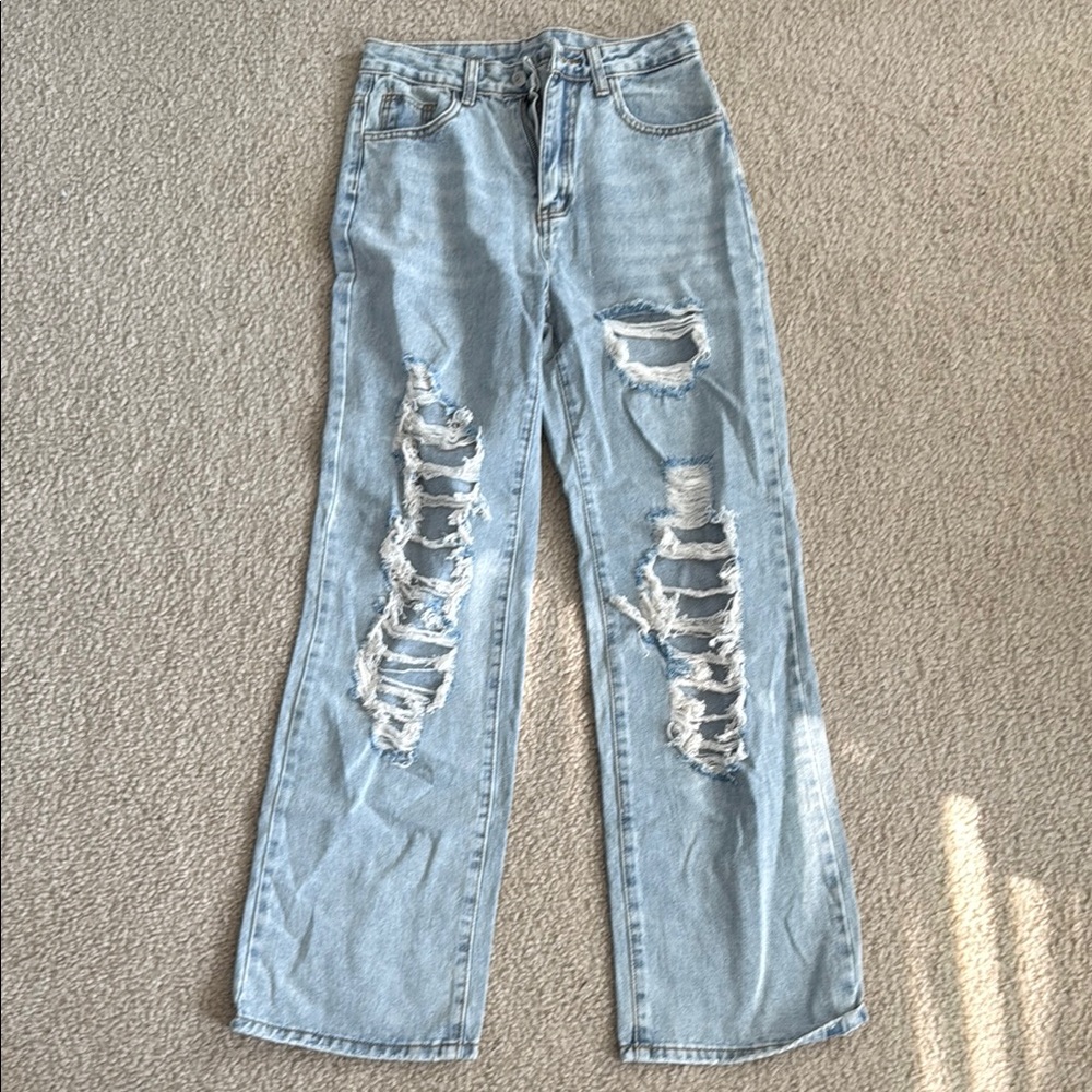 SHEIN Blue Straight Leg Distressed Jeans